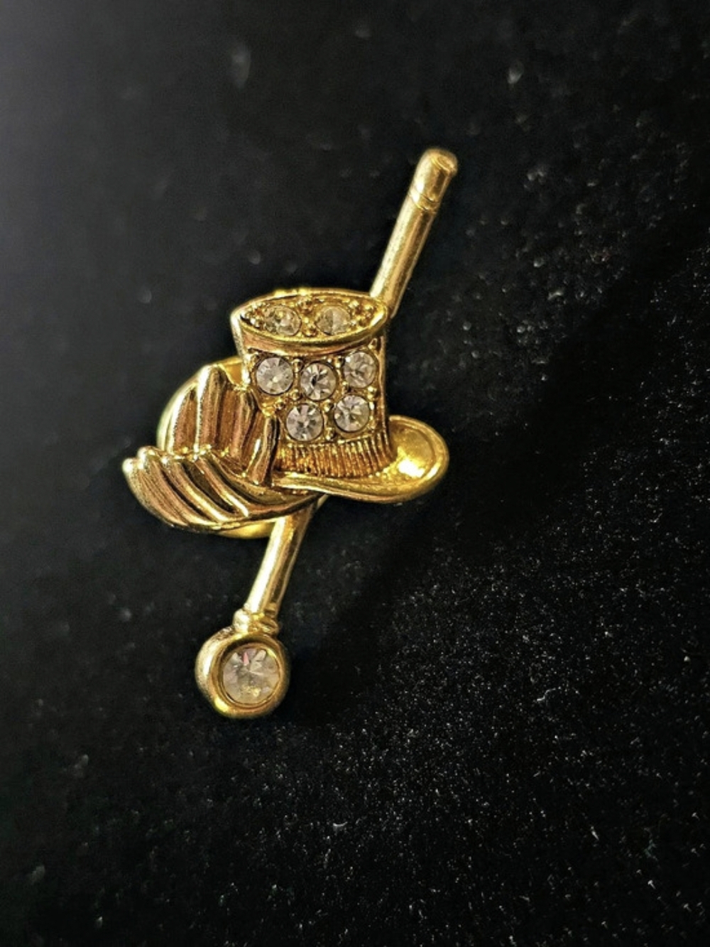 Beautiful Vintage 1994 Gold & Clear Top Hat and Cane Brooch